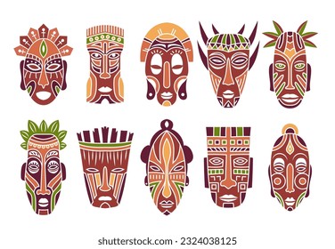 Colored ritual totem masks set. Totem head of ancient aboriginal deities for rituals with ornament of protection from evil forces and ceremonial vector dances