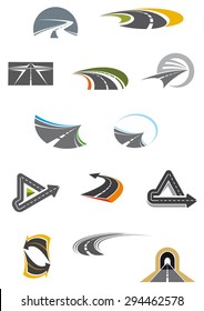 Colored road and freeway icons showing curving, winding, receding and convoluted tarred roads, isolated on white