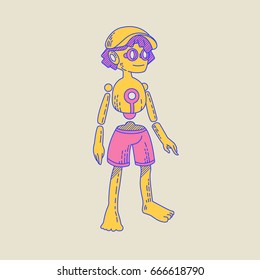 Colored robot boy in cap. Vector cartoon illustration. Cartoon character cute cyborg isolated.