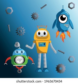 colored robots on a blue background, robot vector, robotics, print for kids