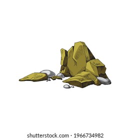 Colored rock ruins or heap of stones in engraving vintage style, vector illustration isolated on white background. Mountain rocks and stones slightly colored.