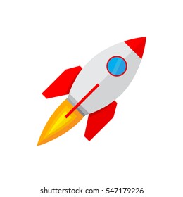 Colored rocket ship icon in flat design. Simple spaceship icon isolated on white background. Vector illustration.