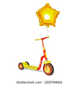 Colored roller scooter for children and balloon. Balance bike. Eco city transport. Vector kick scooter collection. Push cycle isolated on white