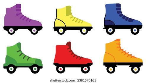 Colored roller skates, retro footwear on wheels, sport shoes vintage disco 80s, old school skating roller, vector illustration isolated