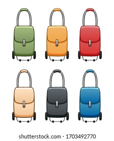Colored rolling bags set isolated illustration. Bag for shopping and tourism. White background, vector.
