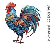 A colored Rooster isolated on white background. Illustration of the cock in Vintage engraving style. a bright colorful watercolor rooster.