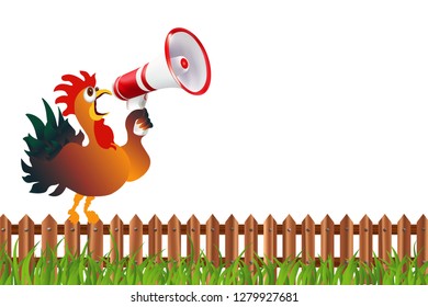 Colored rooster screaming in a megaphone. Humorous vector isolated illustration