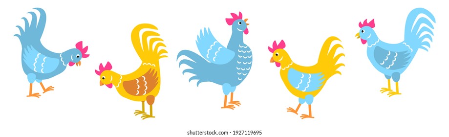 Colored roosters isolated on white - set of chicken characters - cartoon hens - elements for childrens and Easter holiday design