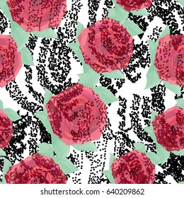 Colored roses on zebra texture, vector seamless pattern