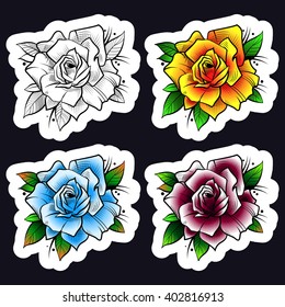 Colored Roses in Traditional Tattoo Style. Engraving Flowers