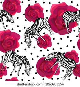 Colored roses and zebra on small black dots, seamless vector pattern