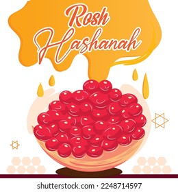 Colored rosh hashanah poster with a cut pomegranate and honey Vector