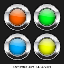 Colored round buttons. Glass 3d shiny icons with wide metal frame on black background. Vector illustration