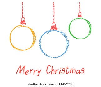 Colored round christmas ball design elements. Set of funny copyspace. Colorful crayon pastel chalk crayon hand drawing holiday frames, vector background isolated on white. Kids drawing vector banner.