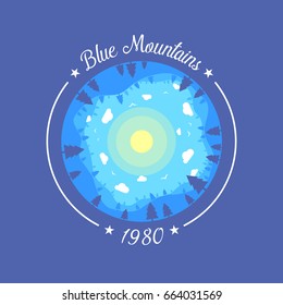 Colored round flat art illustration of an cartoon day landscape in the mountains