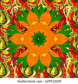 Colored round floral mandala on a colorful background. For textile, invitations, banners and other. Vector illustration.