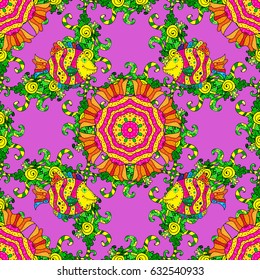 Colored round floral mandala on a pink background. For textile, invitations, banners and other. Vector illustration.