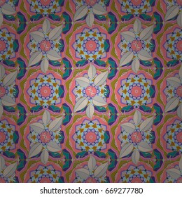 Colored round floral mandala on a colorfil background. For textile, invitations, banners and other. Vector illustration.