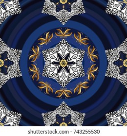 Colored round floral mandala on a blue, gray and black colors. For textile, invitations, banners and other. Vector illustration.