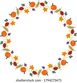 Colored round frame autumn, wreath, decorative design, vector illustration