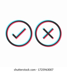 Colored round icons, tick and cross, symbolizing the Yes and no. Concept of response options in questionnaires, websites, and businesses. Vector illustration