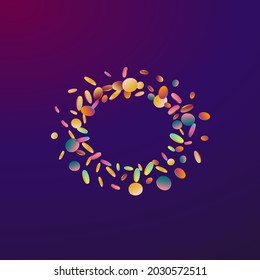Colored Round Independence Purple Background. Unicorn Flying Rain Banner. Invitation Texture. Holographic Carnaval Invitation.