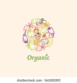 Colored round label with fruit and vegetables. Vector illustration.