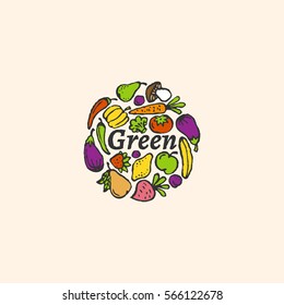 Colored round label with word 'green', fruit and vegetables. Vector illustration.