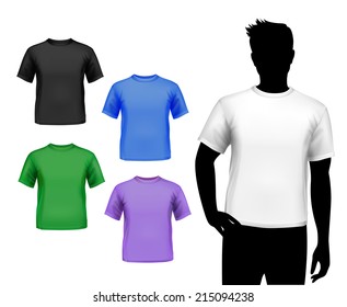 Colored round neck t-shirts male set with man silhouette isolated vector illustration