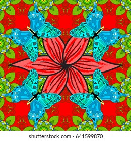 Colored round ornament pattern on a red background. Vector Mandala.