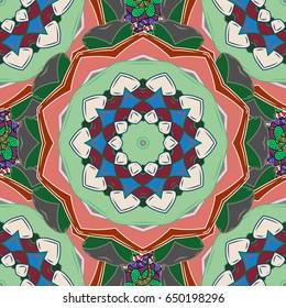 Colored round ornament pattern on a colorfil background. Vector Mandala.