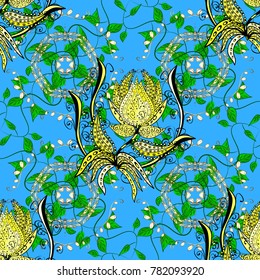 Colored round ornament pattern on a blue, green and yellow colors. Vector Mandala.