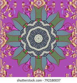 Colored round ornament pattern on a violet, blue and green colors. Vector Mandala.