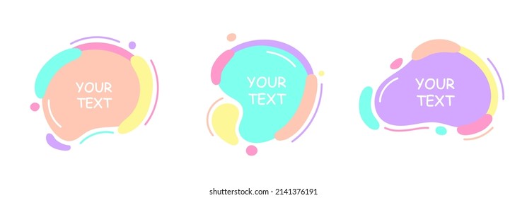 Banderas de formas redondeadas de color y elementos abstractos de diseño holográfico colorido. Conjunto de banner vectorial de formas orgánicas. Aplicable a publicidad, anuncios, etiquetas de precios. Formas de líquido de color Pastel con línea