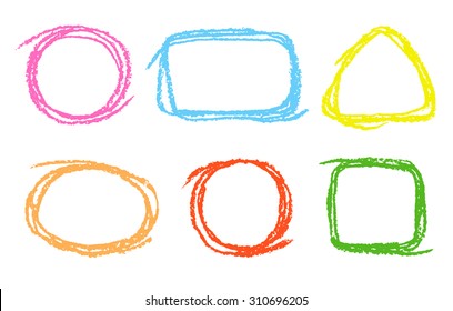 Colored round, square, triangular design elements. Set of funny copyspace. Colorful pastel chalk crayon hand drawing frames, vector background.