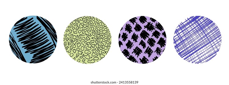 Coloridos pegatinas redondas con varias texturas de lápiz dibujadas a mano. Patrones de garabatos nativos de vectores. Elementos de diseño para publicaciones en medios sociales