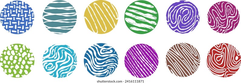 Coloridos pegatinas redondas con varias texturas de lápiz dibujadas a mano. Patrones de garabatos nativos de vectores. Elementos de diseño para publicaciones en medios sociales