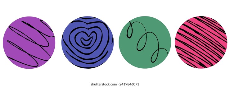 Coloridos pegatinas redondas con varias texturas de lápiz dibujadas a mano. Patrones de garabatos nativos de vectores. Elementos de diseño para publicaciones en medios sociales