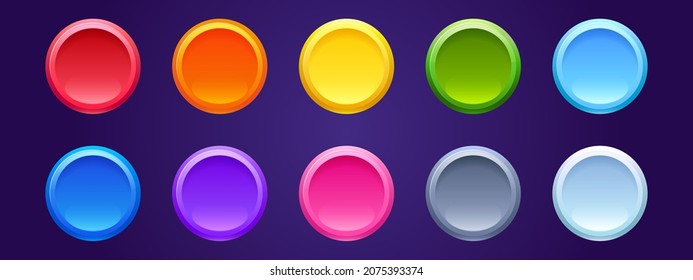 Colored round web buttons isolated on background. Vector set of empty bright circle tags, 3d badges for website, game or mobile app. Blank Internet push buttons