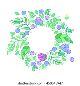 Colored Round Wreath made of blueberries, raspberry and leaves. Hand drawn vector illustration in doodle style for greeting card, t-shirt or tattoo