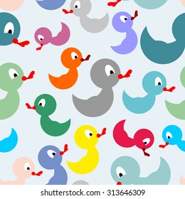 Colored rubber duck for bathing seamless pattern. Vector background of children's toys for bath.