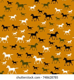Colored Running Horse Seamless Pattern on Orange Background
