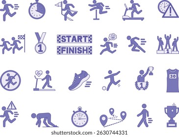 Colored Running Icon Set. Vector Illustrations Race, Trophy, Sprint, Distance, Hurdles, Finish, Start, Running Shirt, Sneakers, Competition, Walking, Winner, and More