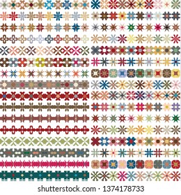 Colored rustic flower like motifs comprising horizontal, decorative stripes pattern