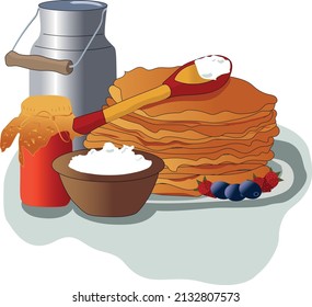 a colored rustic still life with pancakes, a jar of jam, cottage cheese and a wooden spoon.