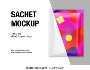 Colored sachet packaging for food, cosmetic and hygiene. Vector illustration on white background. Ready for your design. EPS10.	