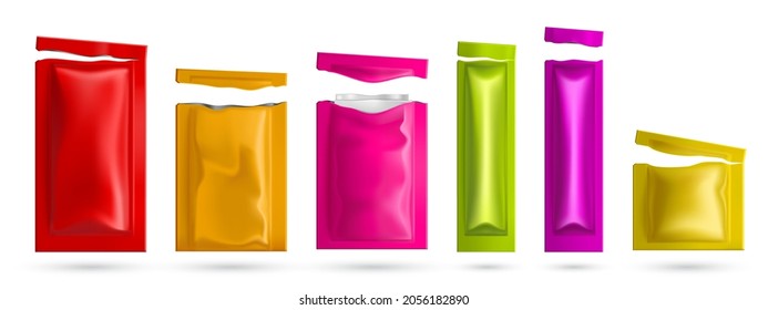 Colored sachets with wet wipes. Vector realistic mockup of 3d blank foil packages with facial napkins. Set of torn pouches, plastic packets different size and colours isolated on white background