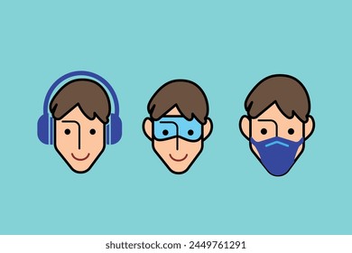 Iconos de seguridad de colores, protección de ojos y orejas más Ilustración vectorial de íconos de máscara facial delineada aislada sobre fondo verde azul Horizontal. Dibujo plano simple de la historieta.