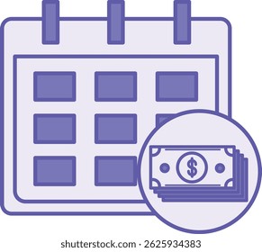 Icono de salario coloreado. Ilustración vectorial. Calendario con Fechas y Billetes de Dólar. Concepto de trabajo