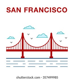 Colored San Francisco Golden Gate Bridge. San Francisco vector landmark illustration.